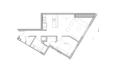 Floor plan for 1 bed, 1 bath, 886 sqft